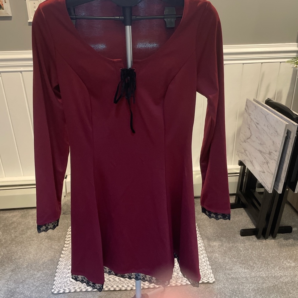 Hot Topic Deep Red Long Sleeve dress with corset back detail